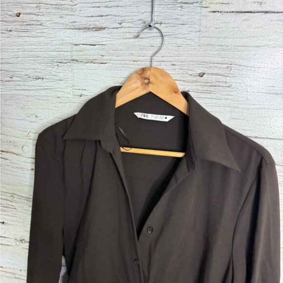 Zara Brown Cuffed Sleeve Dress collar long sleeve mini size large - Picture 3 of 7